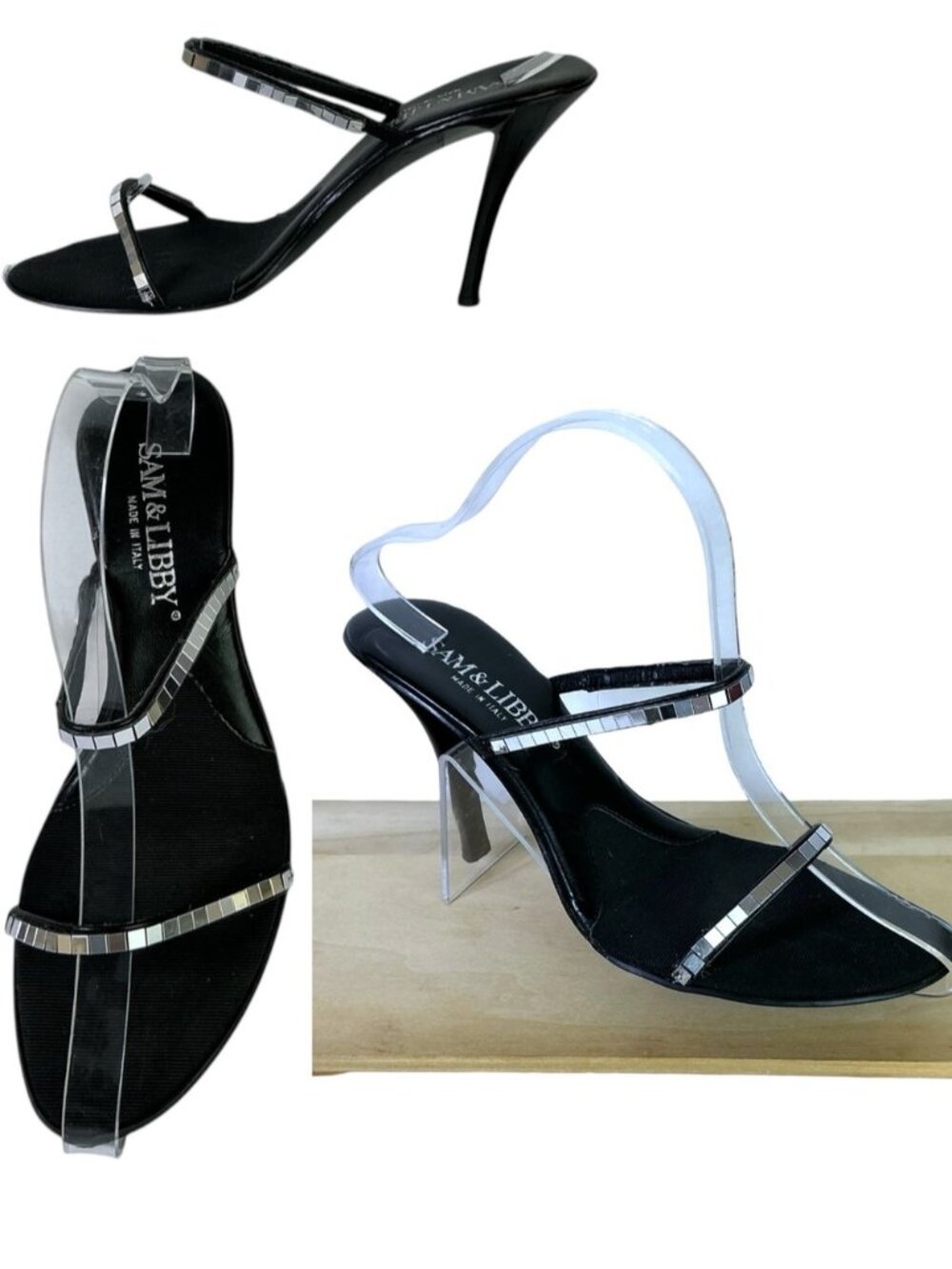 Stiletto 4” Dressy Heels Reflective Mirrored Tiles Straps Black Silver 7 1/2